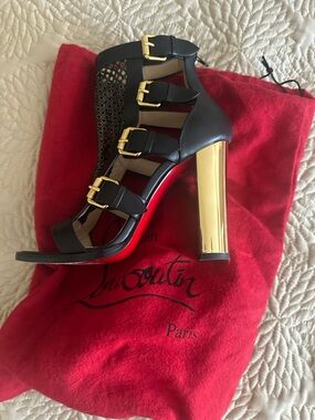 Christian Louboutin Black Leather Strappy Sandal with Gold Block Heel